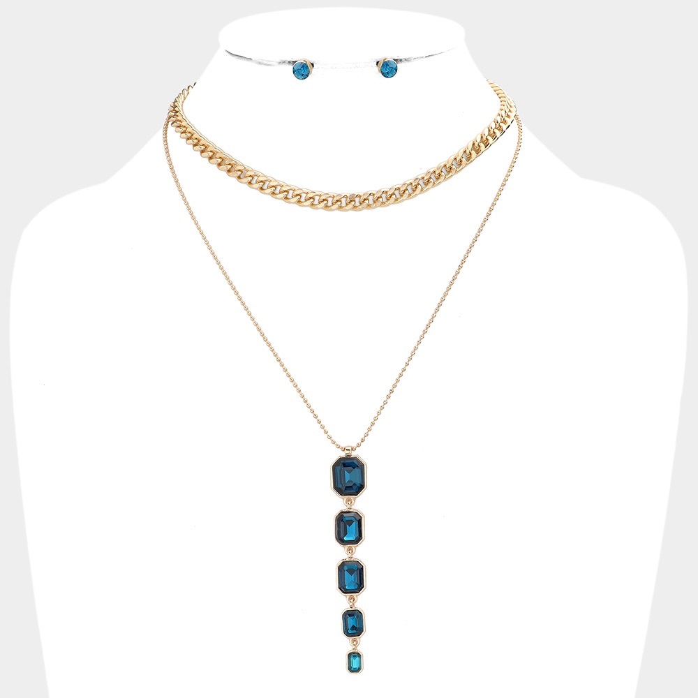 Blue emerald cut stone link layered necklace